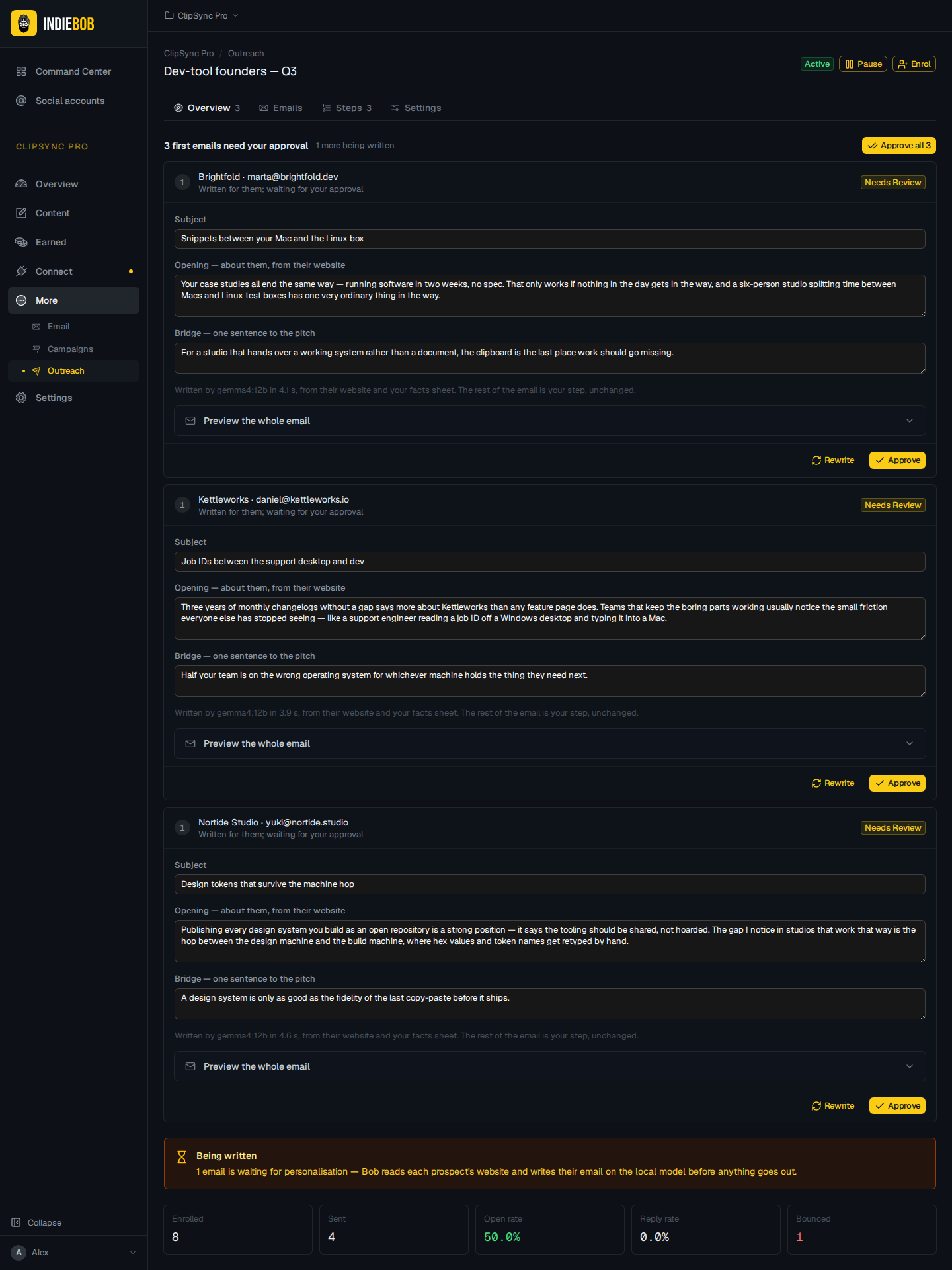 The review queue — first touches waiting for a human yes