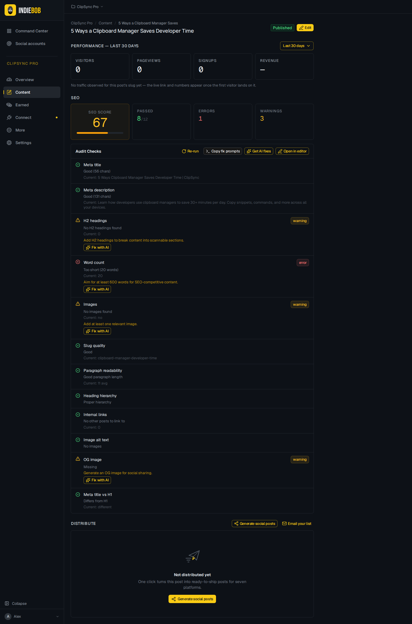 The post hub — status, live URL, performance, audit and distribution for one post