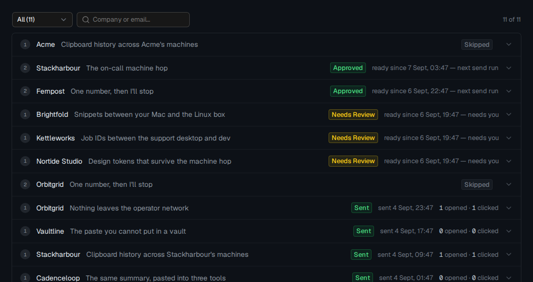 The Emails view of an IndieBob outreach sequence, listing every touch to every prospect with its state, subject and timestamps
