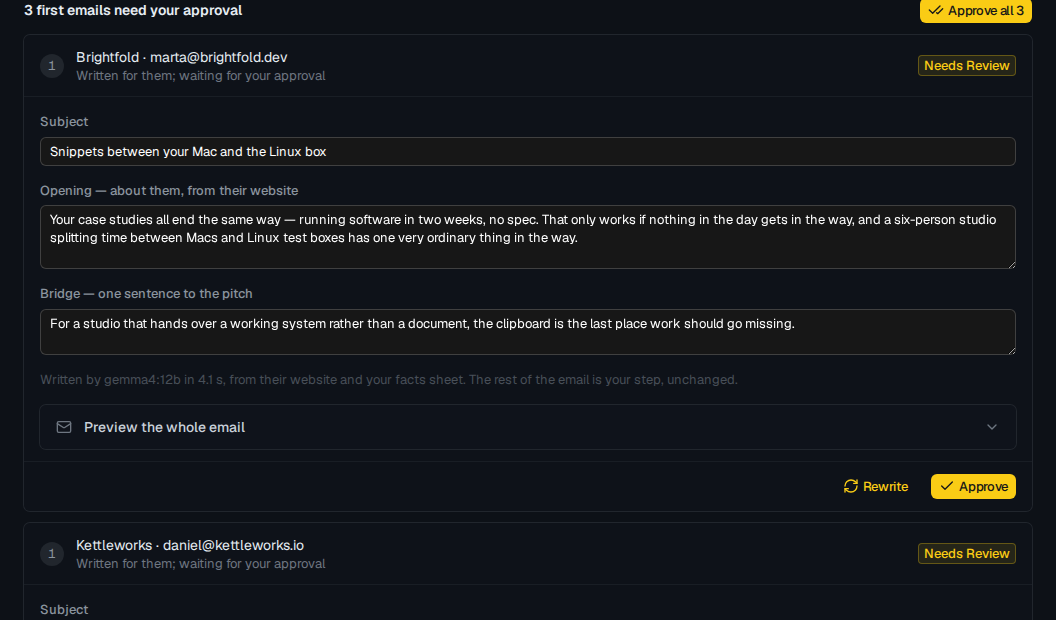 An IndieBob outreach sequence with three first-touch emails waiting for approval, each showing the subject and opening written for that prospect