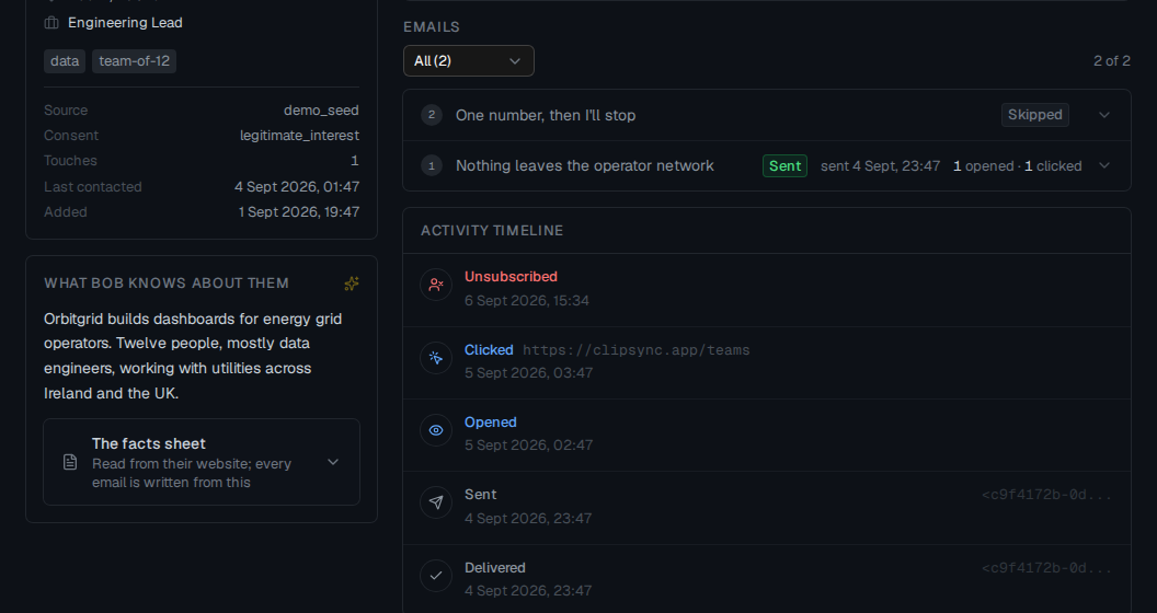 A single prospect's page in IndieBob showing the facts sheet Bob wrote from their website beside every email sent to them and their activity timeline